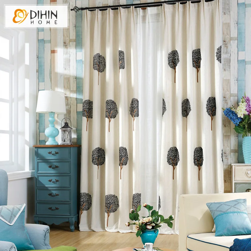 

DIHIN HOME Embroidered Pastoral Blackout Curtains Window Treatment Cotton/Linen Cloth Custom Made Curtain