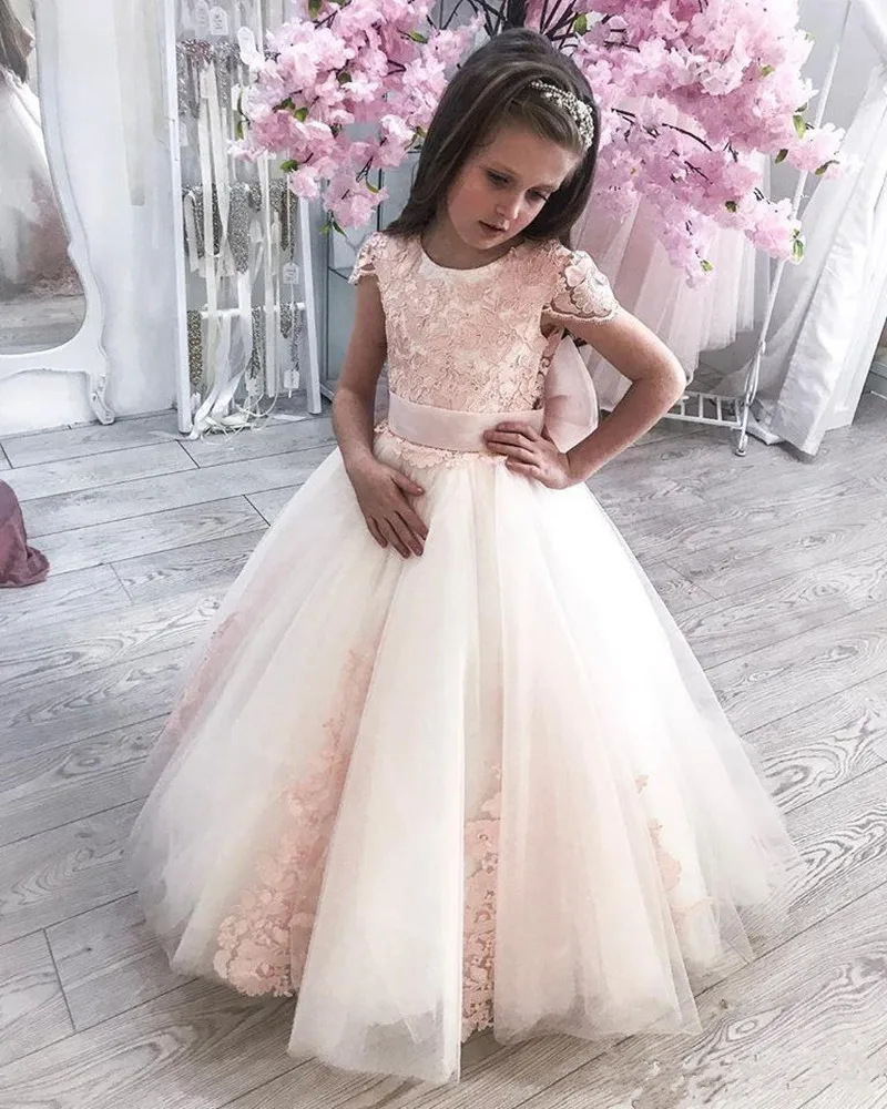 2019 New Design Popular Flower Girl Dress For Special Occasion with Big Bow Buttons Illusion Back O-Neck Girls Pageant Gowns | Детская