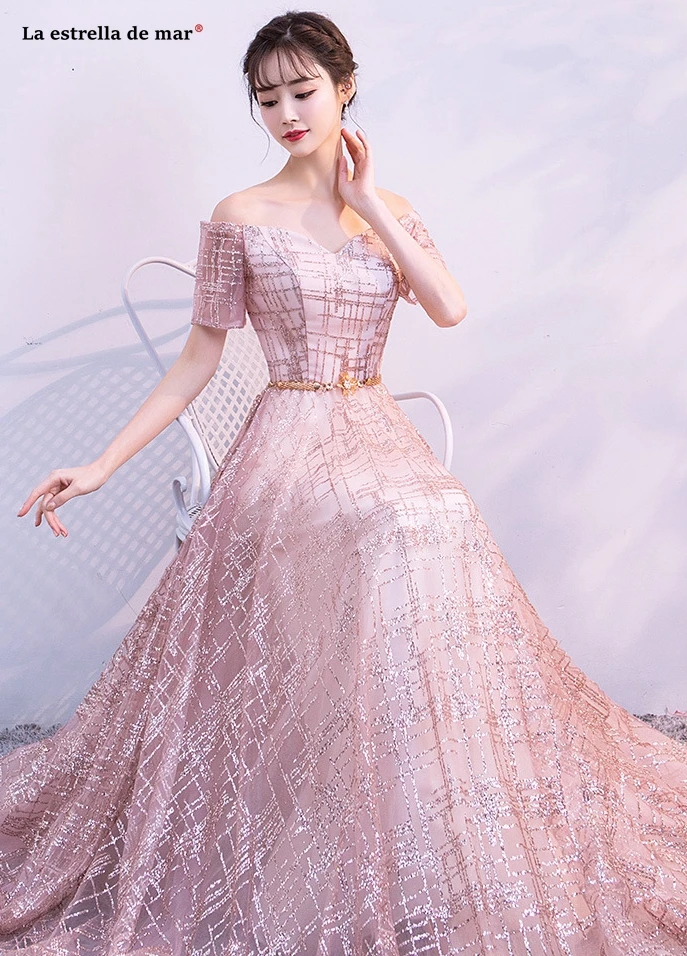 Vestidos boda invitada2019 Новое Кружевное платье подружки невесты с коротким рукавом и вырезом лодочкой с блестками цвета шампанского, золотого, розового цвета