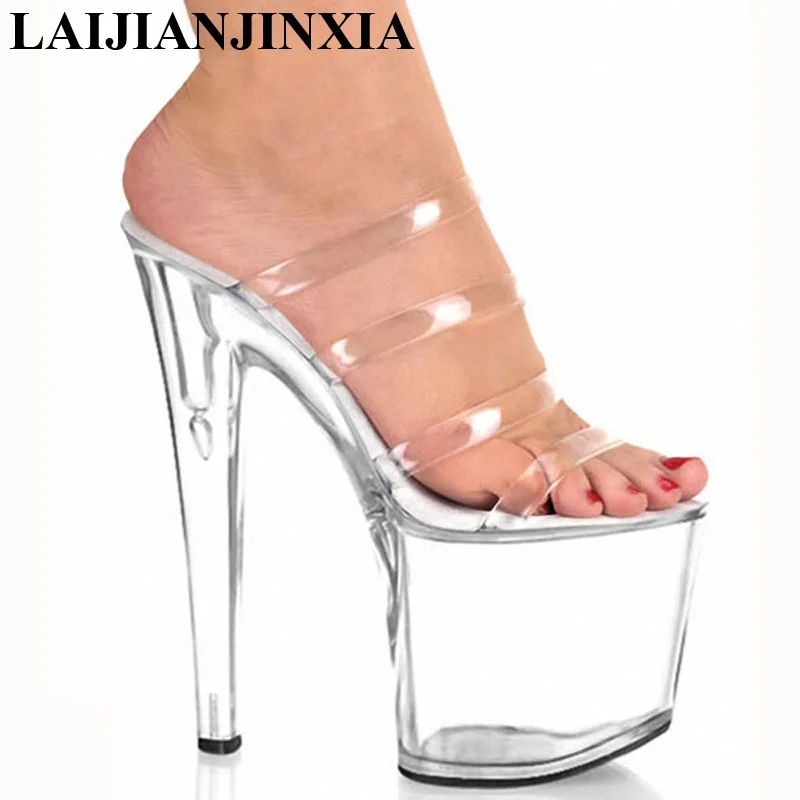 Women Transparent crystal slippers 20 cm super high heels, high waterproof shoes PVC, sexy nightclub Dance Shoes