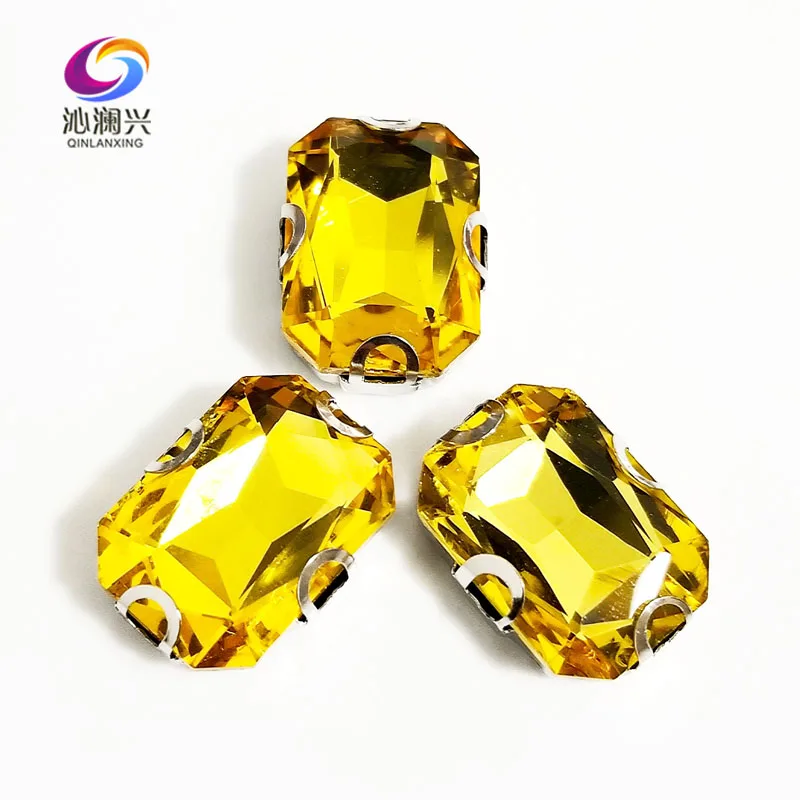 

Golden yellow Rectangle octagonal shape High quality Glass Crystal sew on D shape claw rhinestones,Diy Clothing accessories