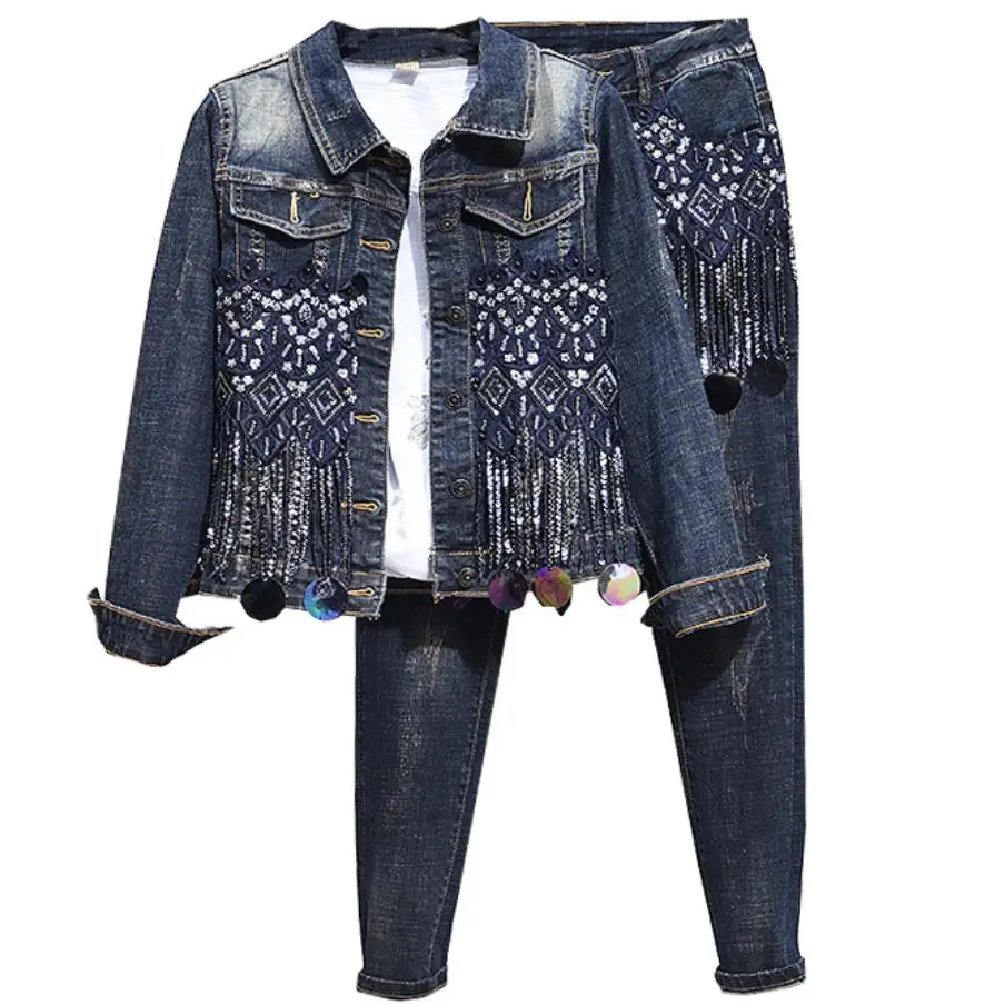 

women autumn fashion tassel sequins denim jacket+pencil jeans two pieces sets