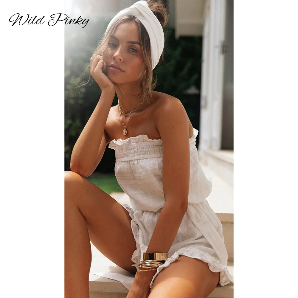 

WildPinky Women off shoulder Loose Bohemia Dress Summer Strapless Linen Casual Female Mini Dress Ladies Short Dresses boho