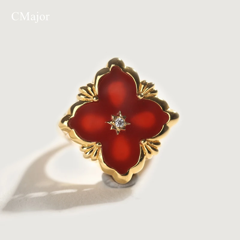 CMajor S925 серебряные ювелирные изделия квадратный красный крест цветок винтажные модные дворцовые кольца для женщин