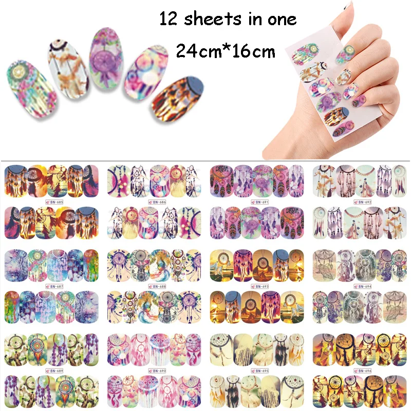 12 листов/партия красочные перья/Ловец снов|nail art decals|nail sticker water transferwater transfer |