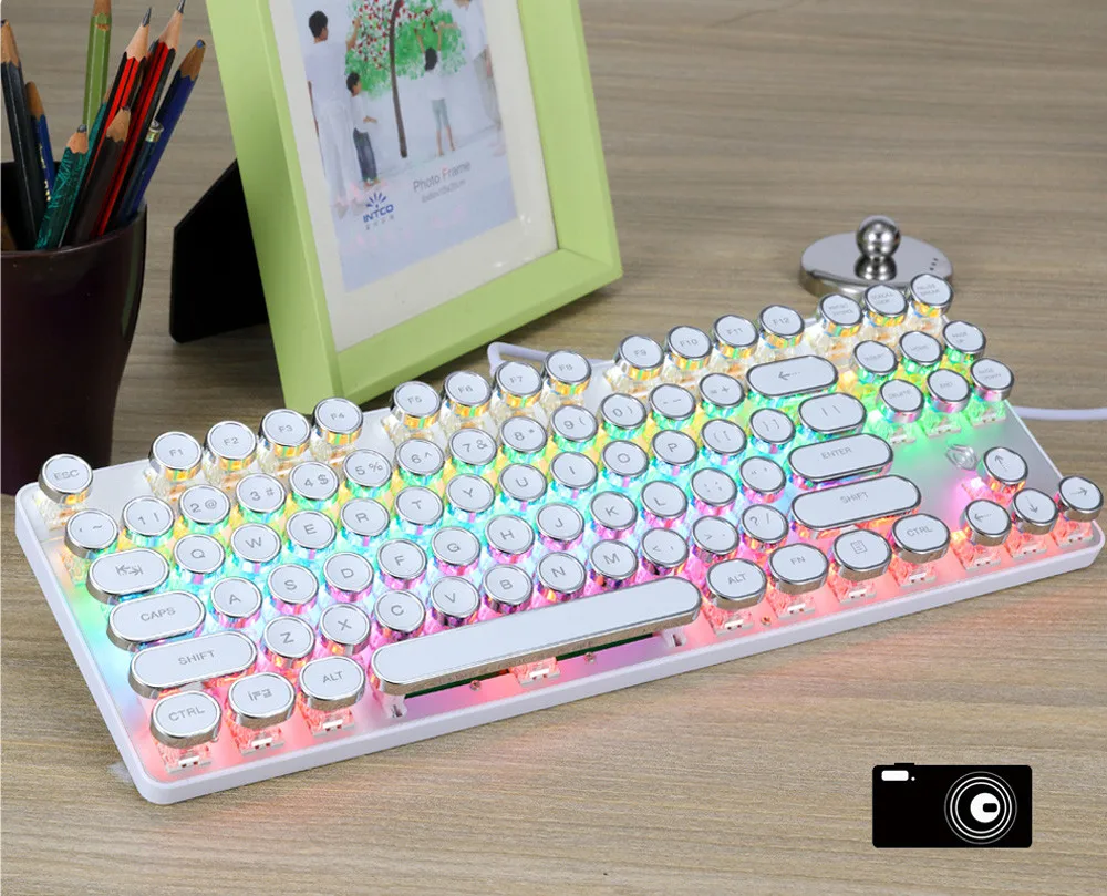 VOBERRY кабель 87 клавиш панк светодиодный Подсветка USB Механическая металлическая игровая клавиатура для работы за компьютером, в ретро стиле, клавиатура - Цвет: WH