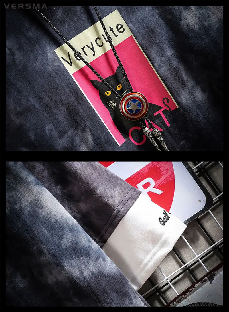 VERSMA, Корейская, Harajuku, с капюшоном, камуфляжная, с рисунком кота, футболка, мужская, летняя, хип-хоп, Swag, уличная, свободная, фальшивая, из двух частей, футболка для мужчин