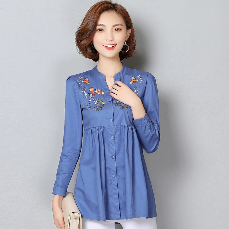 Женские блузки модная винтажная рубашка с цветочной вышивкой и длинным рукавом