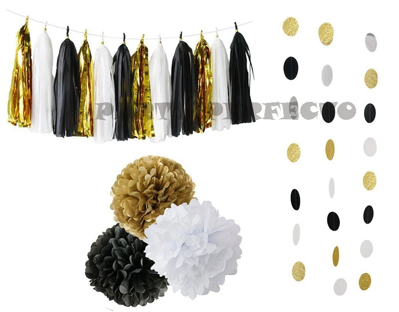 

26xNew mixed size Black White Gold asst tissue paper bunting pom poms wedding party wall hanging decorative banner garland