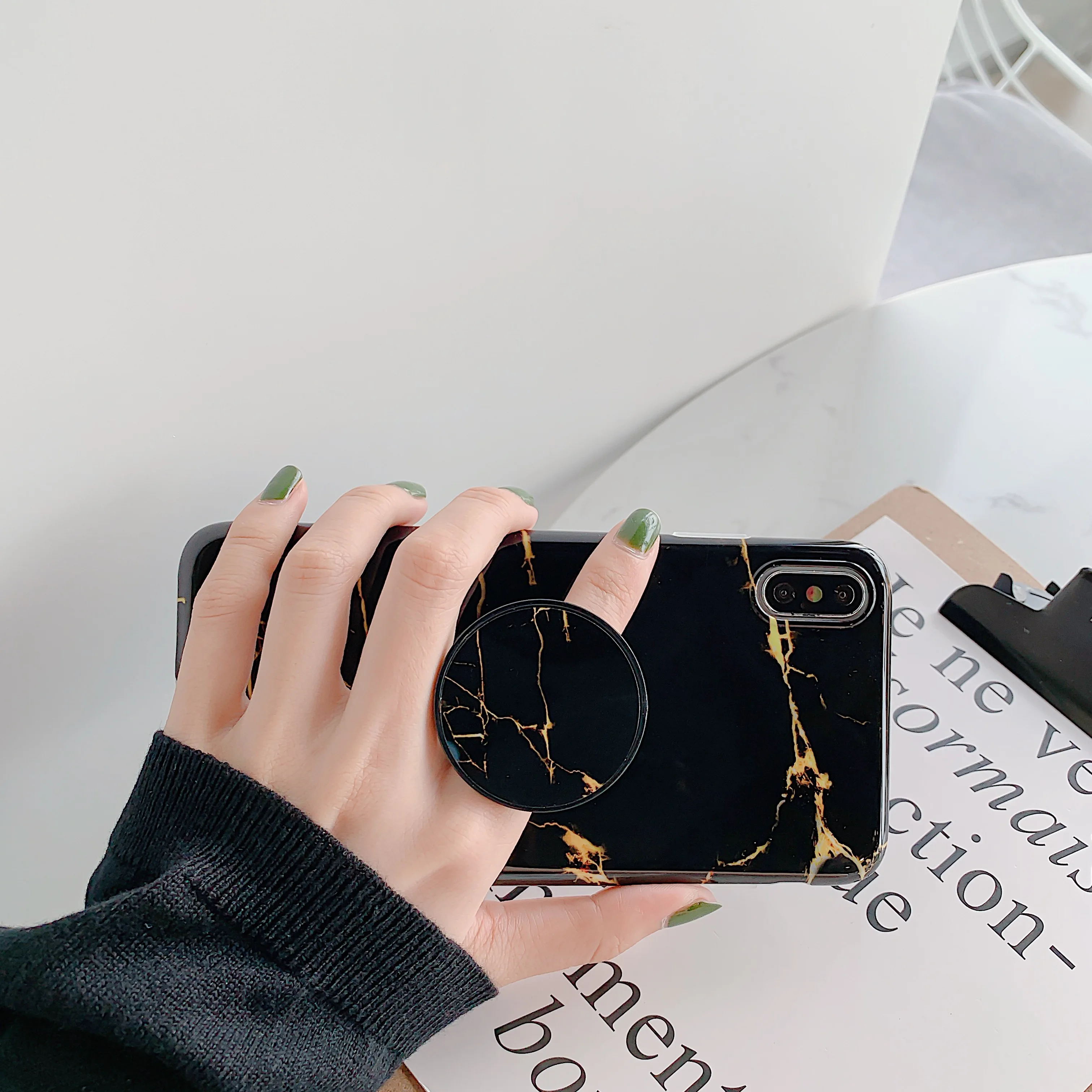Глянцевый черный золотой мраморный чехол с подставкой и кольцом для iPhone XS Max XR X 6 6s