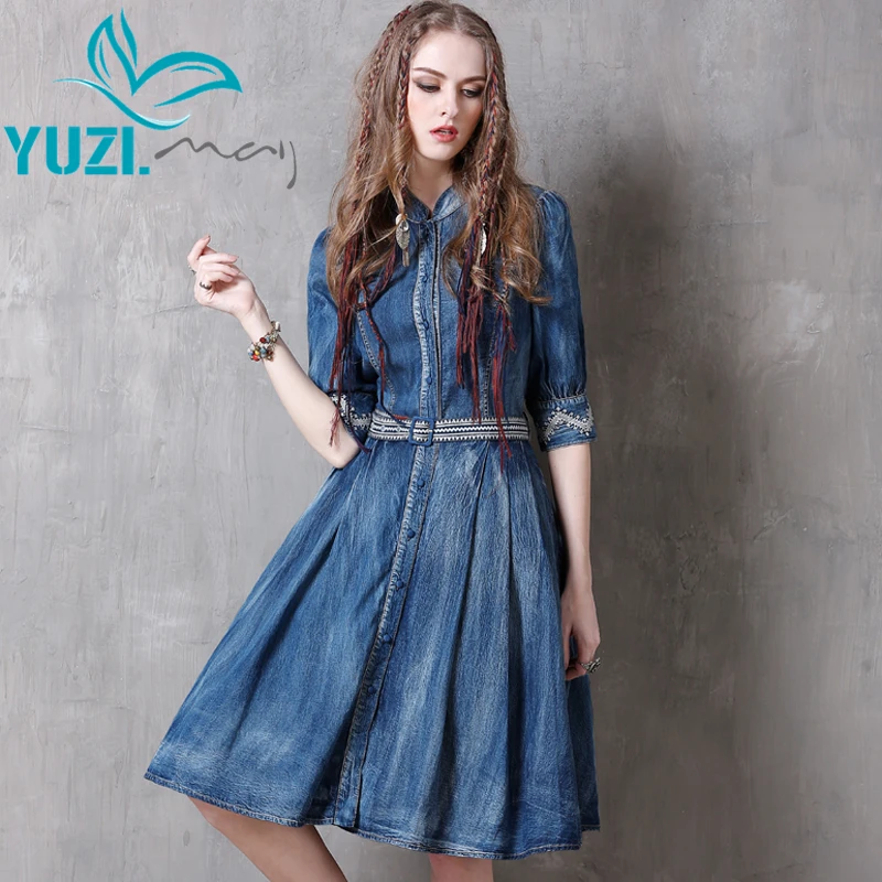 Летние женские платья 2017 платье из джинсовой ткани винтажное с цветочной