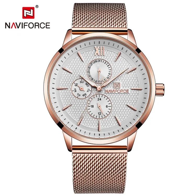 Розовый NAVIFORCE модные спортивные часы для мужчин Синий нержавеющая сталь сетки Группа водостойкий бизнес мужские часы кварцевые наручные - Цвет: Розовый