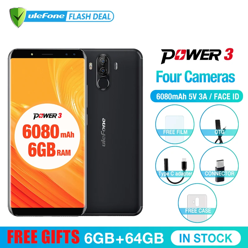 Ulefone Power 3 телефон смартфон телефоны смартфоны 6." FHD+ Экран 6080 мАч большая батарея смартфон Android 7.1 Face ID& Touch ID четыре Камер 4G мобильный телефон