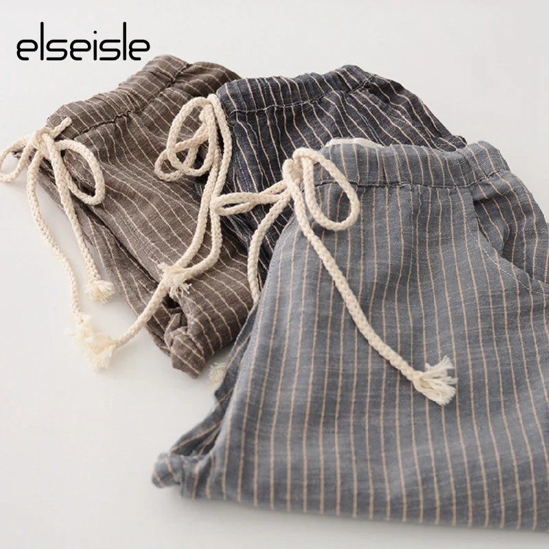 Elseisle новые льняные полосатые женские брюки 2017 летние шаровары до щиколотки в