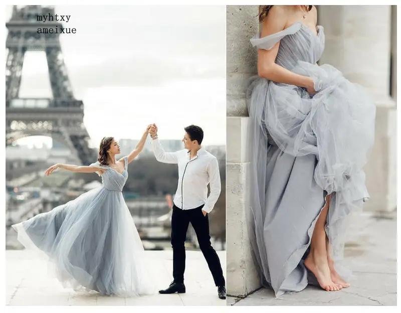 

Boho Gray Off The Shoulder Cheap Wedding Dress 2020 Robe De Mariee Vintage Lace Top New Bridal Dress Puffy Wedding Dresses
