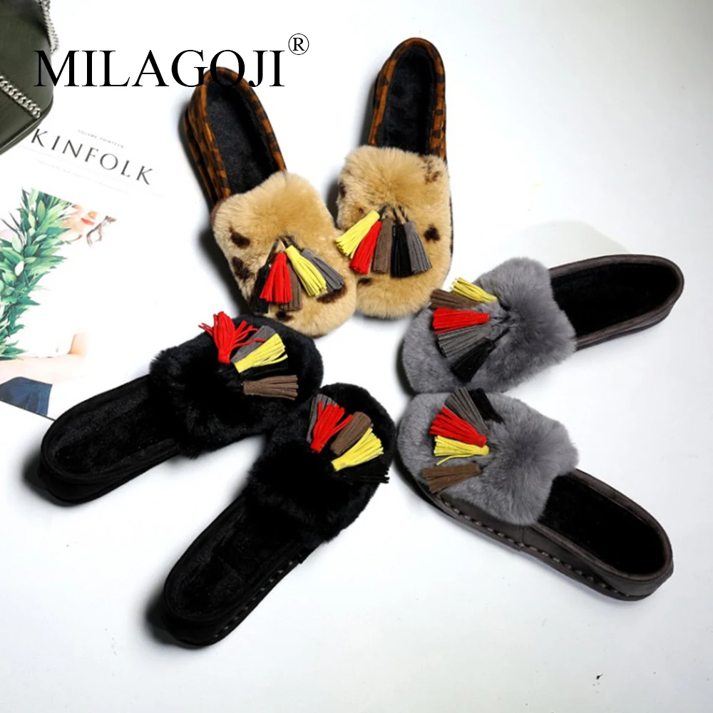 Леопардовый принт натуральный мех зимняя обувь на плоской подошве женская MILAGOJI с