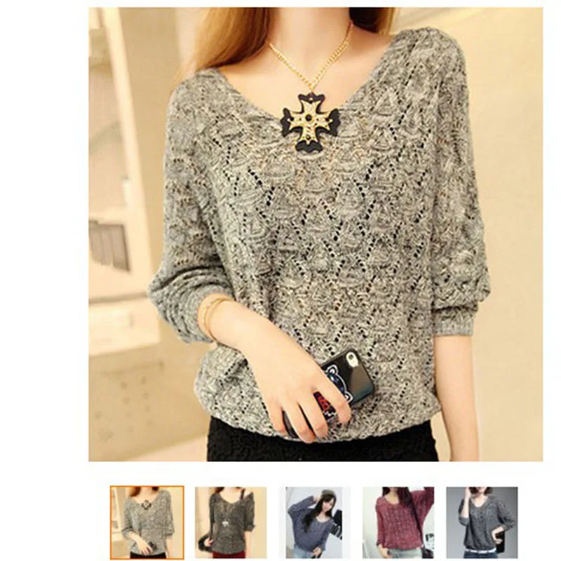 

New Spring Women Pullover Ladies Casual V-Neck Loose Batwing Sleeve Sweater Hollow Out Thin Knitted Pullover Female Tops