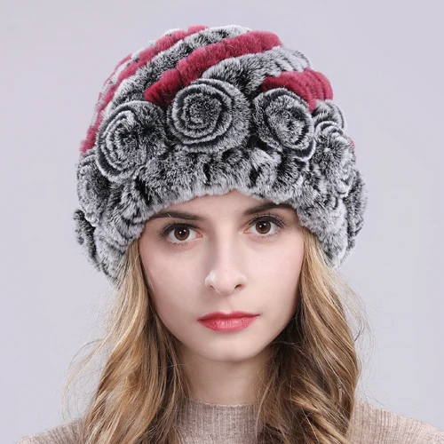 gray and rose red Новые зимние шапки из меха кролика рекс женский Настоящий мех кролика Цветочные шапочки вязаная шапка ручной работы натуральная шапка из меха кролика рекс - Цвет: gray and rose red