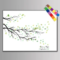 fingerprint signature canvas painting green branches leave wedding gift wedding decoration marriage guestbook supplies inkpad