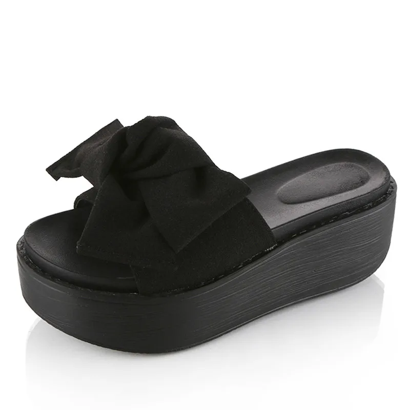 Женские пляжные шлепанцы с бантом Нескользящие сандалии на платформе черные