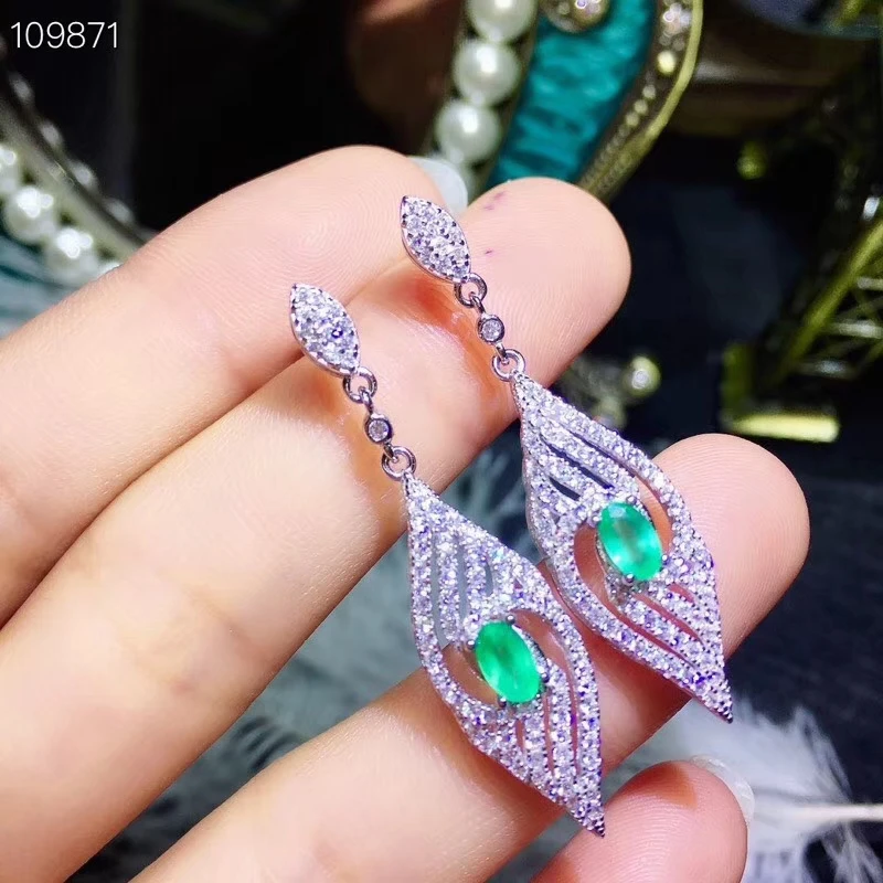 Женские серьги подвески с изумрудом из серебра 925 пробы|Серьги-подвески| |