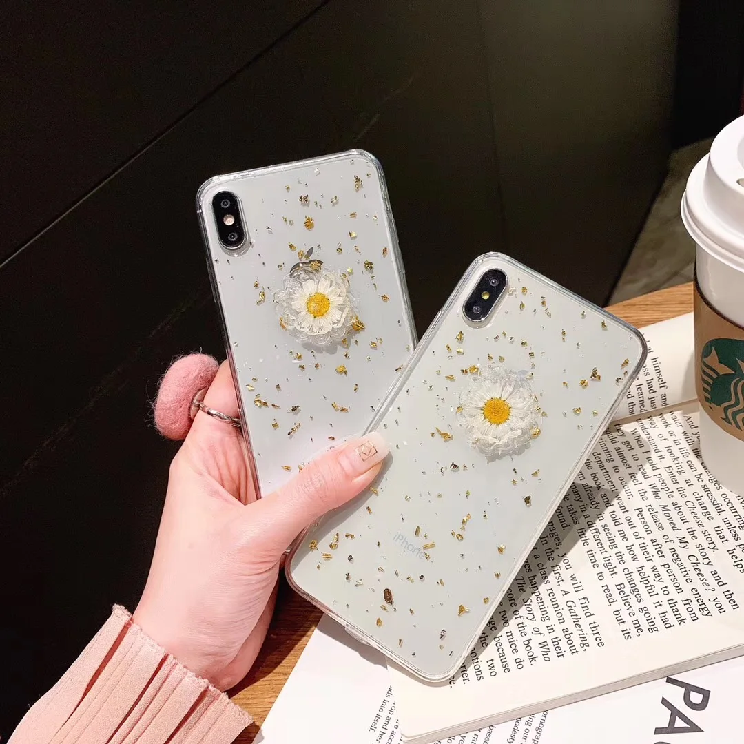 Glitter 3D Daisy Dried Real Flowers Clear Phone Case For iPhone XS Max XR 6 6S 7 8 Plus X Transparent Soft Silicone Cover |
