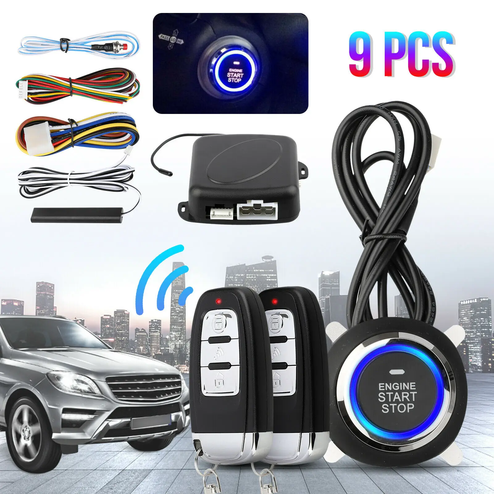 Free Shipping 9Pcs Car SUV Keyless Entry Engine Start Keyless Alarm System Push Button Remote Starter Stop Auto Car Accessories