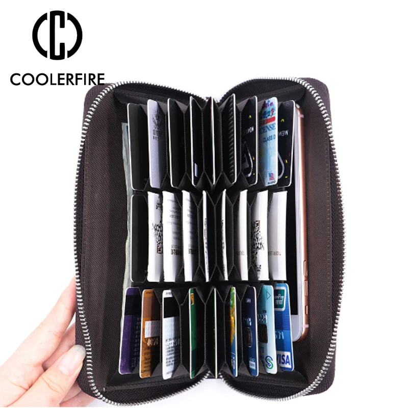 Подлинная Кожаный чехол для карты Бизнес RFID визитница Длинные молнии Для мужчин