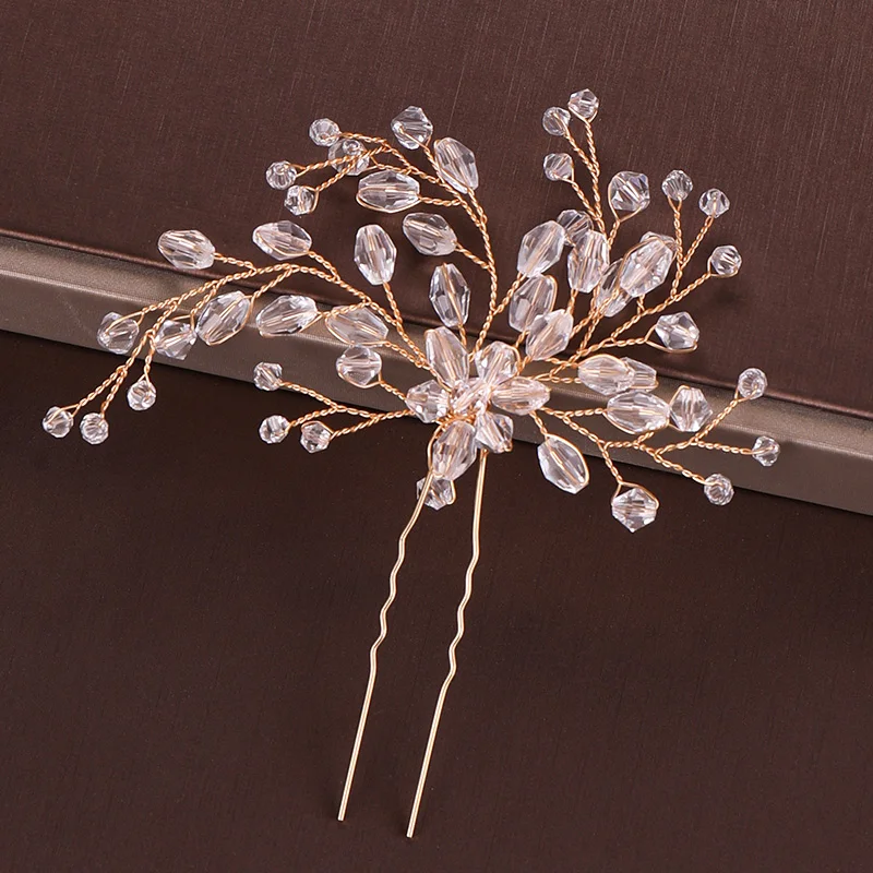 Gold Pearl Tiara Hairpin Clip Crystal Rhinestone Hair Jewelry For Women Flower Handmade Headband Wedding Bridal Hair Accessories