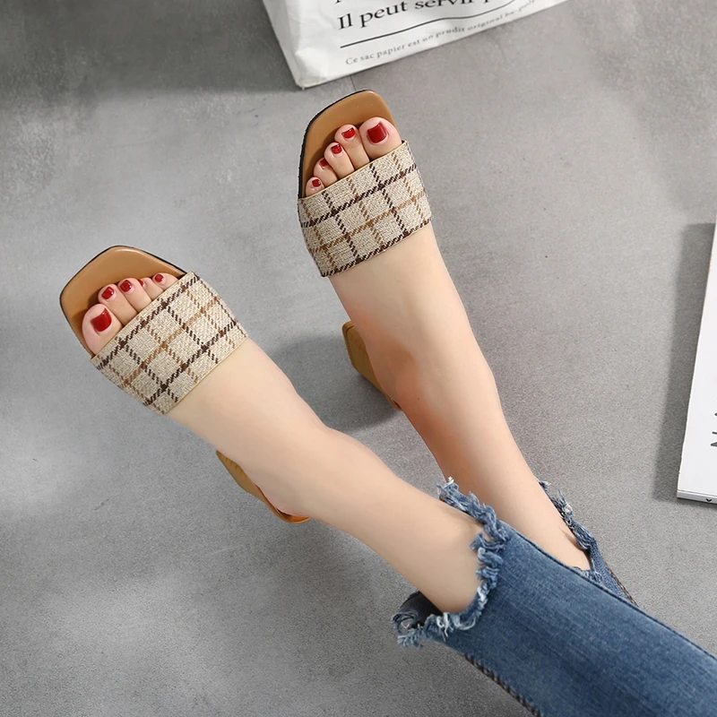 Мюли женские на толстом каблуке хлопковая ткань Повседневные Удобные туфли