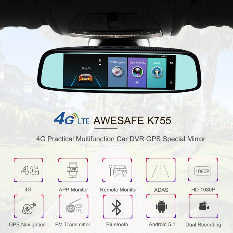 Зеркало для автомобиля 4G Android 5 1 Автомобильный dvr gps-навигатор Dash камера 7 84 "Full HD