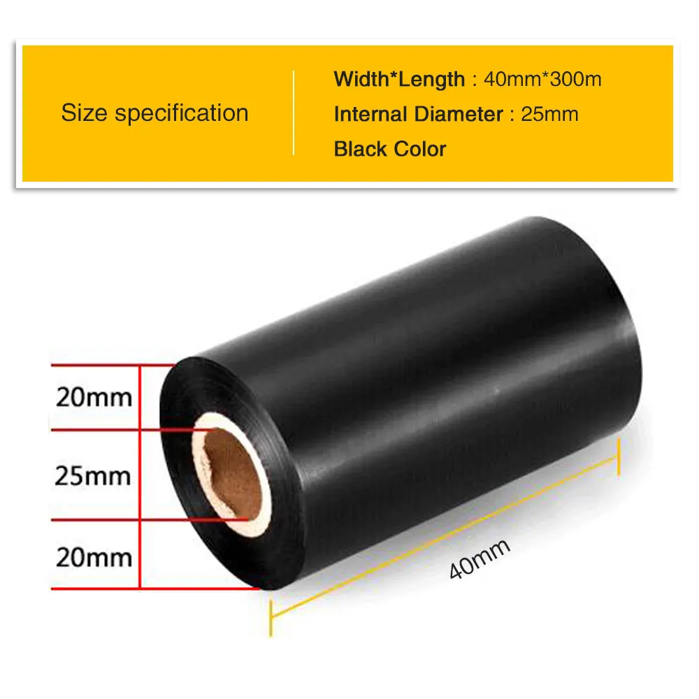 

2PK 40mm(Width)*300m(Length) 25mm(Internal Diameter) Black Color Wax Ribbon for Thermal Transfer barcode label printer print