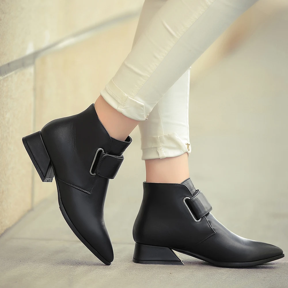 

ANNYMOLI Women Boots Winter Natural Real Leather Ankle Boots Square Heel Short Boots Low Heel Genuine Leather Shoes Green New 10