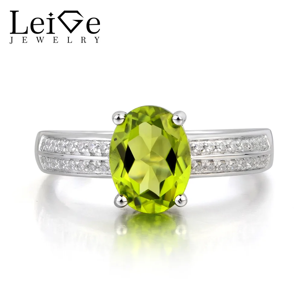 

Leige Jewelry Promise Ring Natural Green Peridot Ring August Birthstone Oval Cut Green Gemstone 925 Sterling Silver Ring Gifts