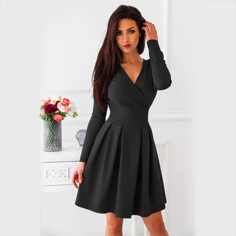 

U-SWEAR Women Vintage Dress 2020 New Arrival Autumn Summer Long Sleeve Deep V-Neck Sexy A-Line Mini Party Dress