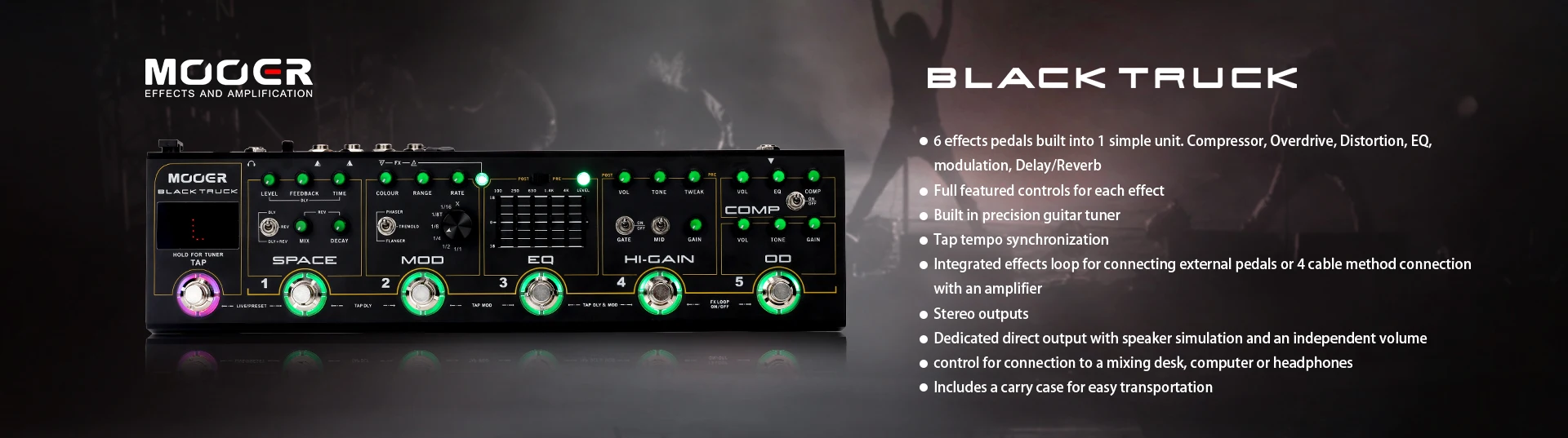 Original MOOER BLACK TRUCK Guitar pedal 6 effects pedals built into 1 simple unit Built-in precision guitar tuner Stereo outputs