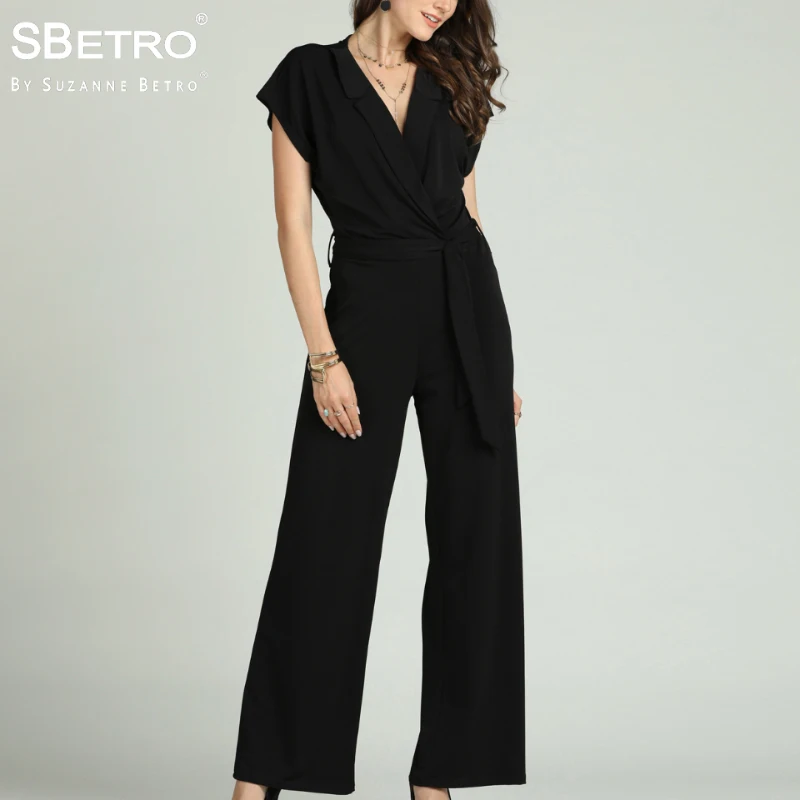 SBetro By Suzanne Betro Office Lady Jumpsuit Crepe Lapel Collar Surplus Tie Waist Cap Sleeve Women Party Wide Leg Femme |