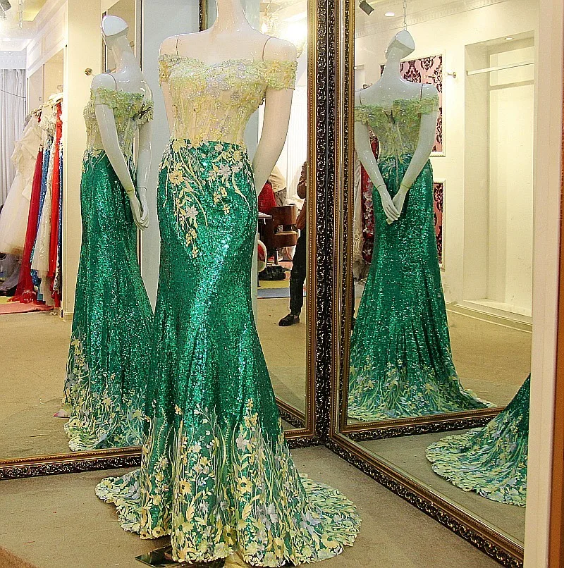 Блестящее зеленое вечернее платье Русалочки милое с корсетом на спине длинное