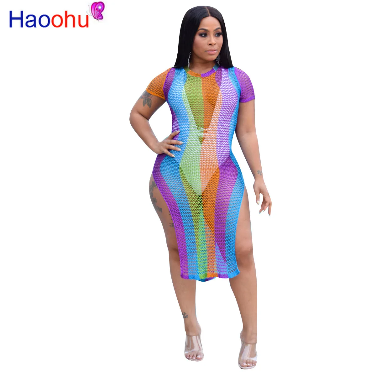

HAOOHU Fishnet Mesh Stripe Printed Bodycon Dress See Through Short Sleeve High Slit Sexy Summer Dressees Beach Tunic