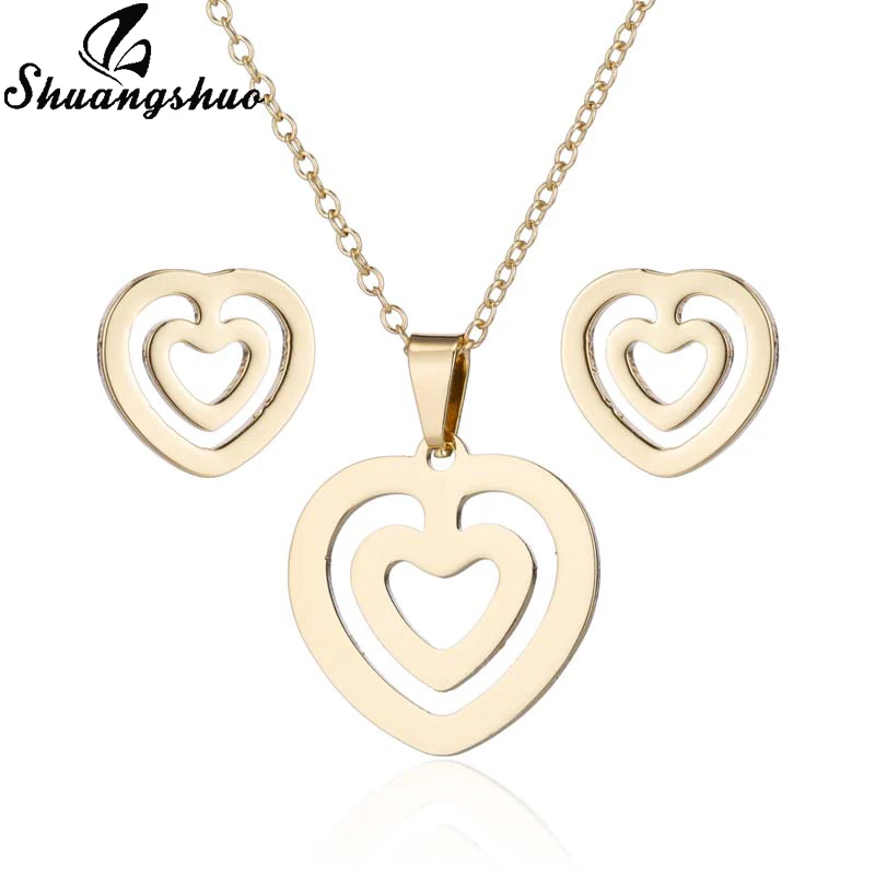 Shuangshuo ожерелья с двойным сердцем Подвески Ювелирные наборы из нержавеющей стали