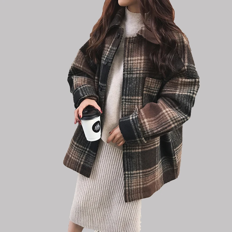 

New Women's Wool Coat Autumn Winter 2018 Fashion Classic Plaid Woolen Jacket Loose thicken Long Outerwear Female