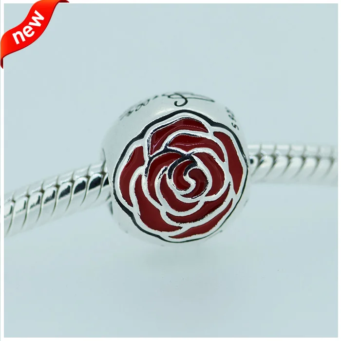 Подходит для Pandora Braclets Belle Enchanted Rose Charms с красной эмалью 100% серебряные бусины 925