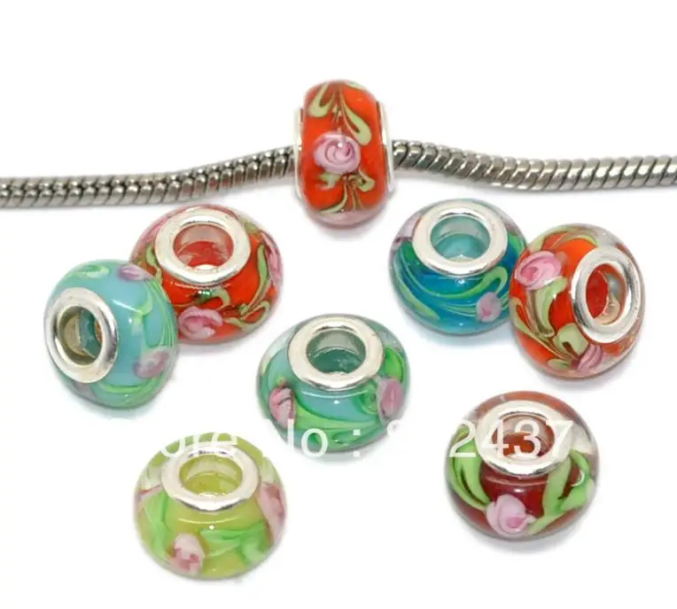 8 СЕЗОНА Стекла Lampwork Европейские Шарики Шарма Смешанная Цветочным Узором 13 мм х 9