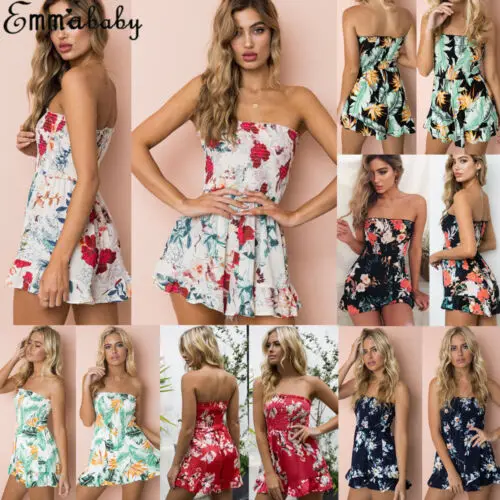 Женский летний повседневный комбинезон бандо без бретелек с цветочным принтом