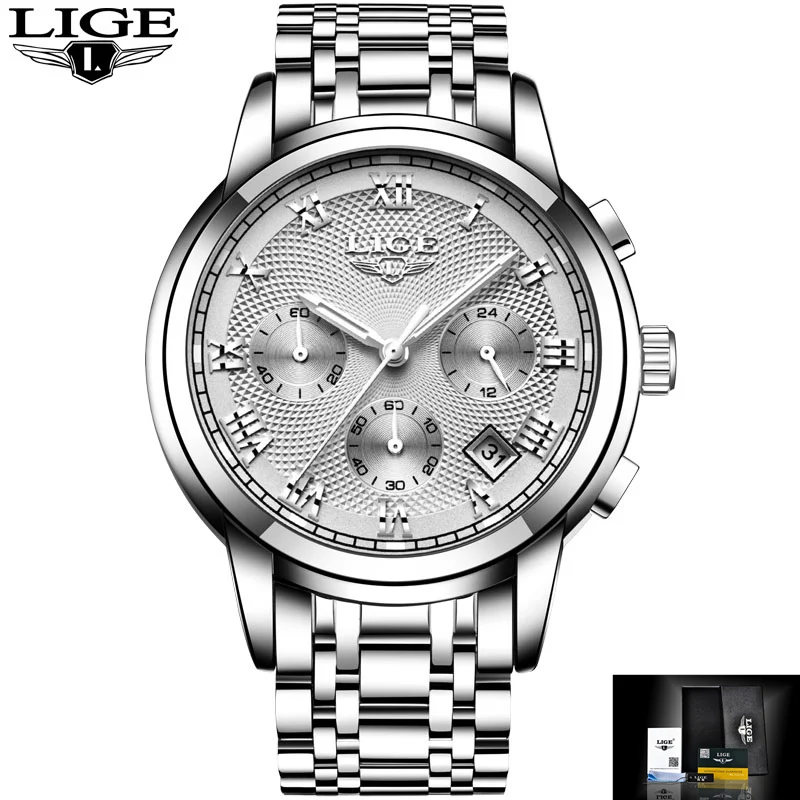 steel silver white Новые часы Мужские люксовый бренд LIGE Хронограф Мужские спортивные часы водонепроницаемые полностью Стальные кварцевые мужские часы Relogio Masculino - Цвет: steel silver white