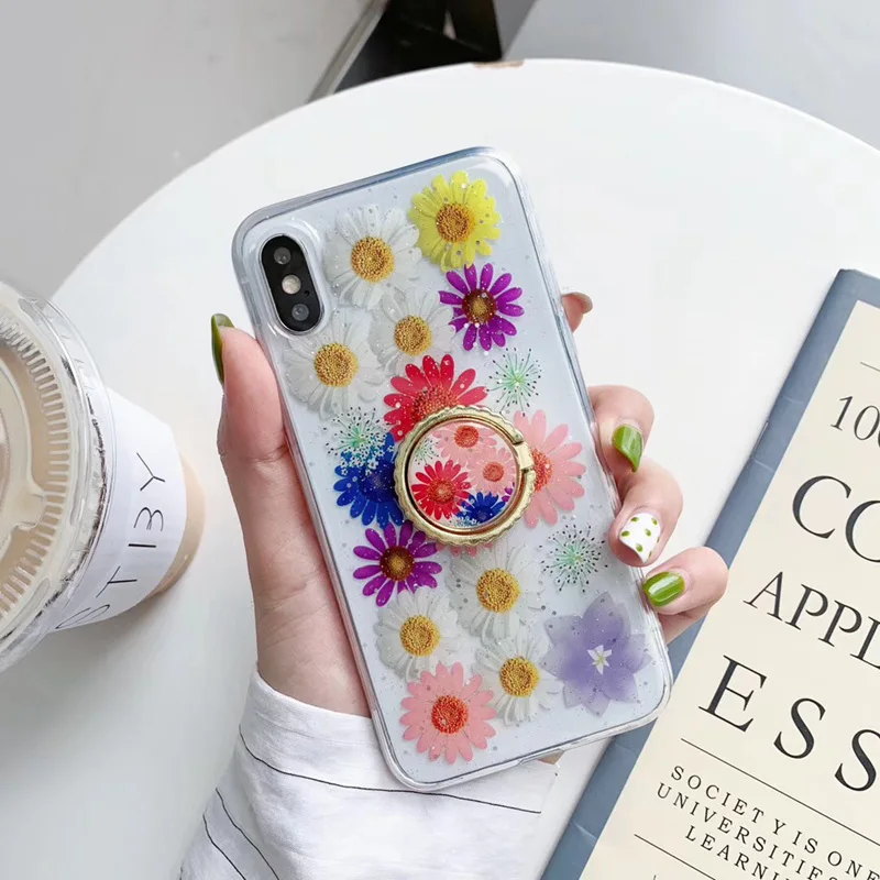 Блестящий чехол с цветами для iPhone X XR XS Max 7 8 6s держателем пальцев мягкая задняя