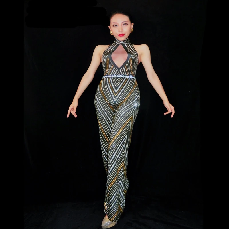 

Shiny Rhinestone Striped Sexy Jumpsuit Stretch Strapless Jumpsuits Nightclub Female Singer DJ Party Costume Prom Show Stage Wear