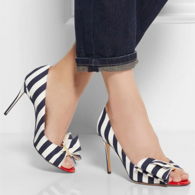 

Navy And White Stiletto Heels Peep Toe Pumps Cute Bow Woman Shoes Slip On Pointed Toe Dress Party Plus Size 12 13 FSJ Summer