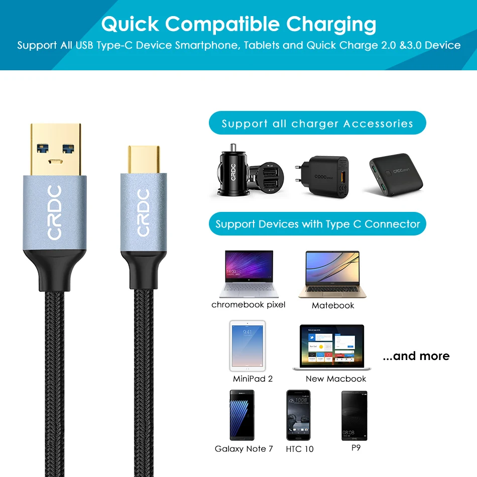 CRDC usb type-C кабель для Xiaomi Mi5 type-C Быстрая зарядка данных нейлон USB C/USB-C кабель для samsung Galaxy S8 Nexus 5X6 P и многое другое