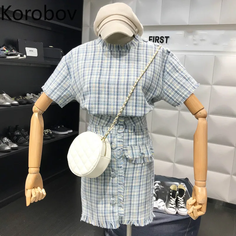 Korobov 2019 новая клетчатая винтажная блузка и юбки на пуговицах комплект из двух